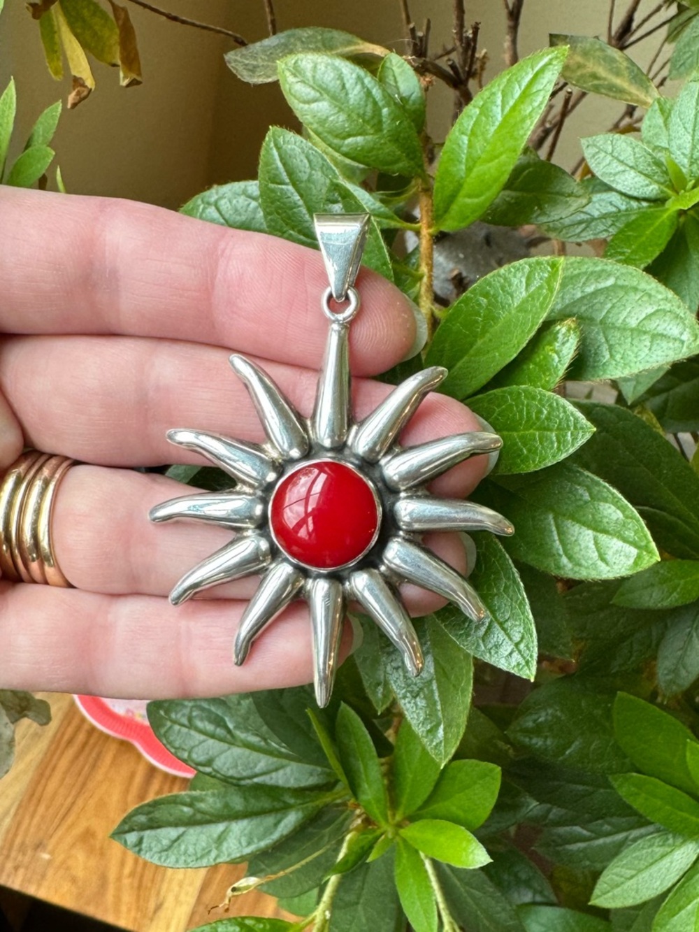 Stunning Vintage Sterling Silver Red Coral Sun Pendant